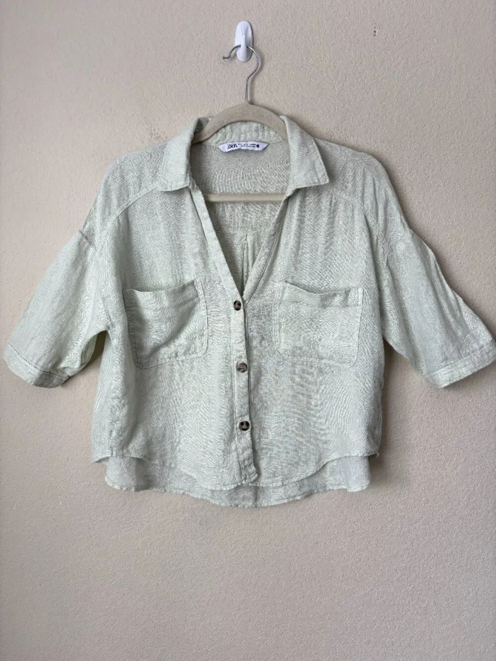 Zara Linen Button Up Boxy Cropped Pistachio Green Shirt - Picture 2 of 11